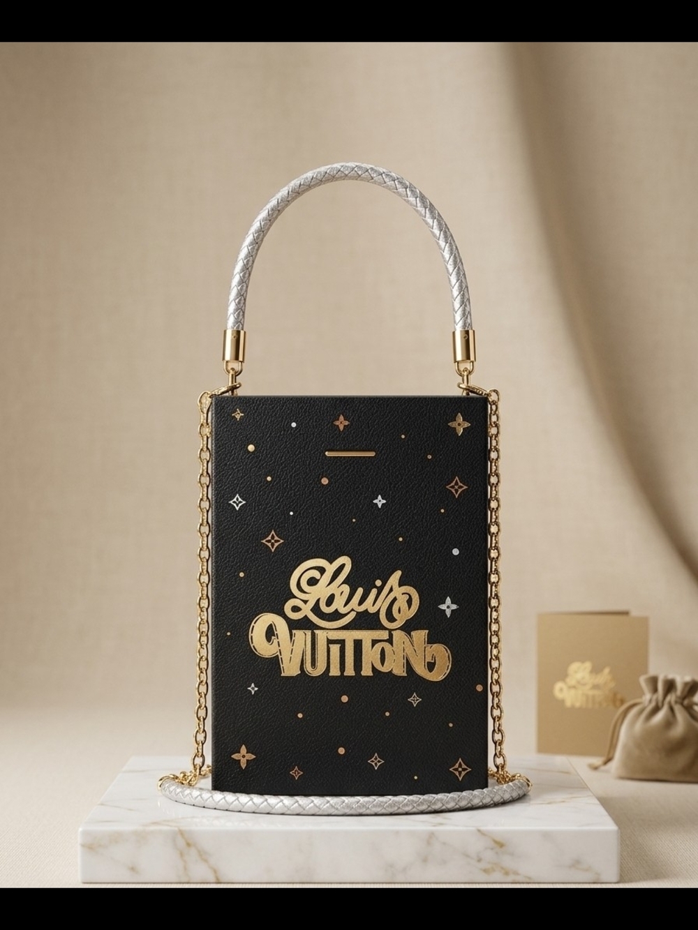 Louis Vuitton Black Mini Shopping Bag Purse Covered with Gold/Silver LV Logo